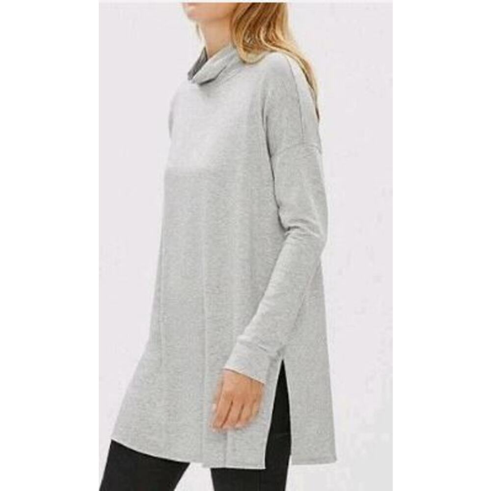 Eileen Fisher Large Turtleneck Top Tunic Gray Tencel Stretch Terry Long Sleeves